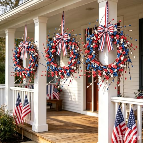 6 Pcs Patriotic Wreath Mini 4th of July Hanging Wreaths for Cabinets Artificial Red White Blue Berries Memorial Day Wreaths Pillar Candle Holder Wreath with Ribbon for Independence Day Porch Wall - color: Patriotic-15