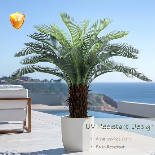 Bellacat 4ft UV Resistant Faux Sago Palm Tree with Natural & Lifelike Bark, 48in Super Full Artificial Cycad Tree with Realistic Leaves, for Home Office Patio Porch Front Door Decor. - size: 4ft