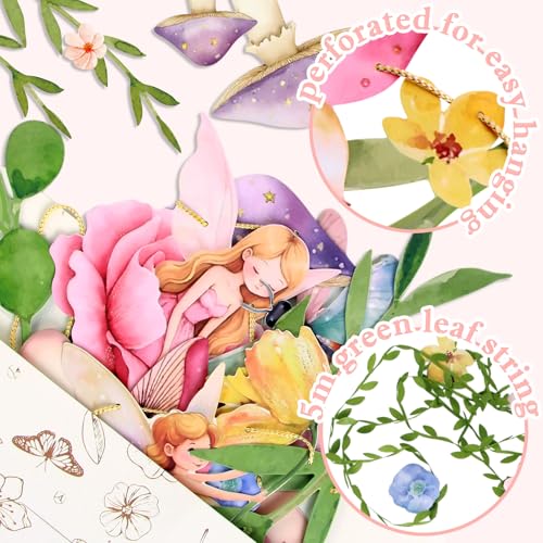 Fairy Mushroom Banner Wildflower Party Decorations Paper Flower Leaves Banner Fairy Garland for Wall Decoration Spring Baby Shower Wedding Backdrop Decorations - color: Fairy