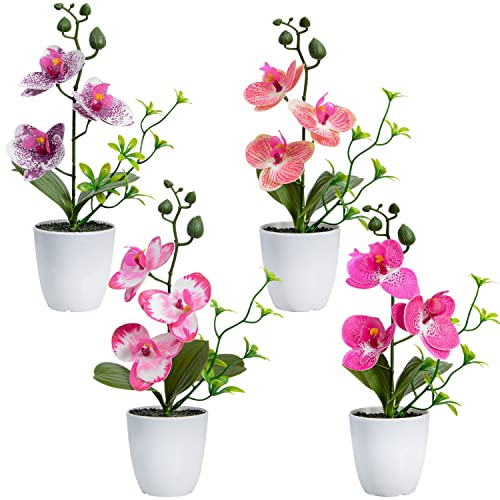 XONOR 4Pcs Artificial Orchid Flowers Mini Potted Orchid Flowers Fake Orchids with Plastic Vase for Home Office Wedding Table Centerpiece Decoration (Purple&Red) - color: Purple&red