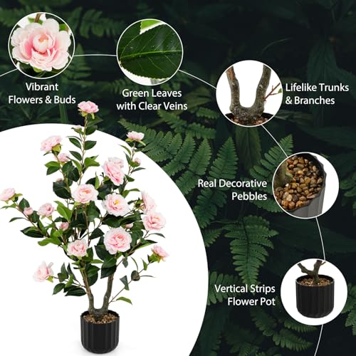 Goplus 38’’ Artificial Camellia Tree, 2 Pack Flower Plants Artificial Tree, Faux Floral Plant Blooming Tree in Cement Pot, Greenery Potted Plant for Indoor Outdoor Office Home Porch Decor - color: Pink, size: 38 inch×2