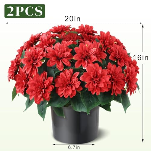 2 Set of Artificial Dahlia Topiary Ball Trees - Fake Silk Dahlia Flower Bushes, UV Resistant Faux Floral Shrub Potted for Front Door Porch Farmhouse Wedding Outdoor Decor (Red) - color: Red