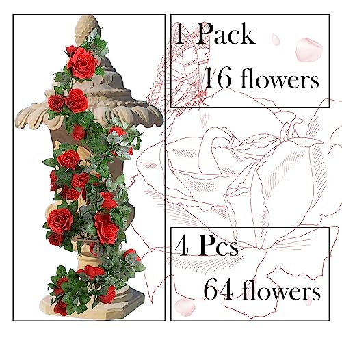 4 Pack Artificial Rose Vine Garland Fake Roses Flowers Plants Vines Hanging Floral Leaves Decoration for Wedding Party Table Garden Arch Wall Home Room Decor(Red) - color: Red, size: 【4 Pcs】
