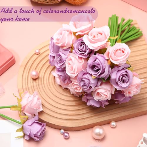 Hoteam 72 Heads Pink and Purple Artificial Rose Flowers 6 Bouquet Wedding Decoration Faux Flower Arrangement Bouquet with Stem Bridal Shower Gift Floral Centerpiece for Tables - color: Purple Pink