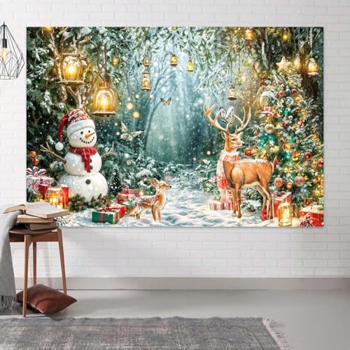 Winter Wonderland Backdrop Christmas Forest Scene Snowy Tree Snowman Deer Photography Background Xmas Holiday New Year Family Party Decorations Banner Photo Booth Studio Props 5X3FT - color: White, size: 5X3FT