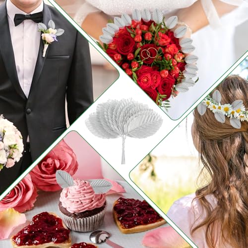 200 Pcs Silver Leaves for Crafts - Artificial Silk Faux Wired Single Leaf Wire Crafts Leaves - Plastic Artificial Flowers - For DIY Home Wreath, Wedding, Christmas - color: Silver
