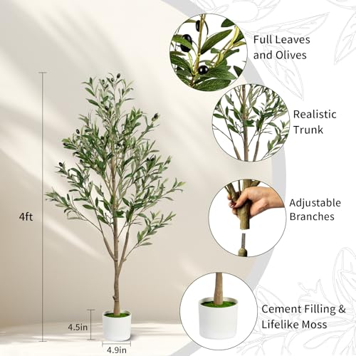 4FT Artificial Olive Tree, Indoor Faux Olive Tree Fake Potted Silk Olive Tree Plants with Lifelike Branches & Fruits for Home Office Decor - color: Olive Tree, size: 4ft