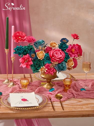 Serwalin Artificial Flowers, Hot Pink & Teal Fake Silk Flowers for DIY Wedding Bridal Bouquets Faux Cake Flowers for Table Centerpieces Party Baby Shower Floral Decorations - color: A Gorgeous Hot Pink & Teal, size: 1 Box