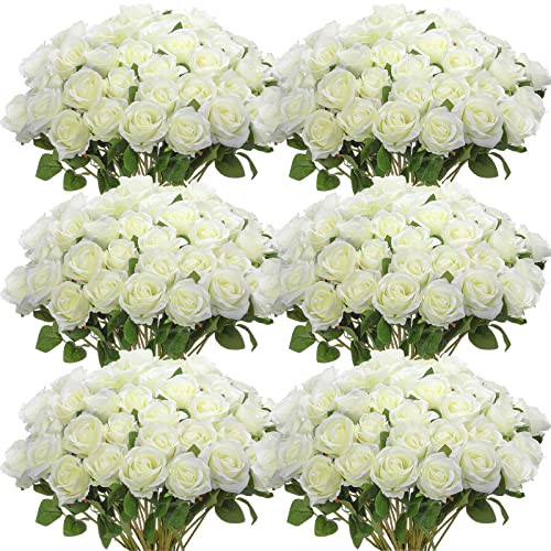 Jexine 50 Pcs Artificial Rose Flower Bulk Realistic Silk Fake Roses with Long Stem Plastic Artificial Flower Bouquet Real Looking for Home Wedding Centerpieces Party Decoration(White) - color: White