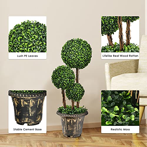 Goplus 2.5 Ft Artificial Boxwood Topiary Tree, 2 Pack Fake Greenery Plants Triple Ball Tree, Leaves & Cement-Filled Plastic Flower Pot Decorative Trees for Home, Office, Indoor and Outdoor Use - size: 2.5 Ft