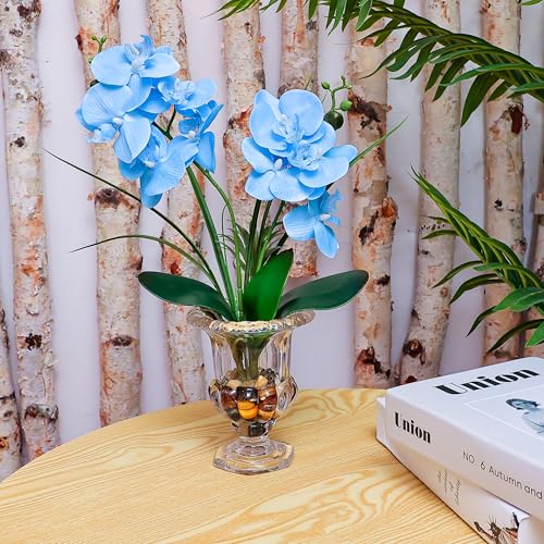 Jusdreen Artificial Blue Orchid in Glass Vase, Realistic Phalaenopsis Arrangement with Potting for Home Office Table Decor, 14.5 Inch Orchid Centerpiece - color: Wine Glass-blue