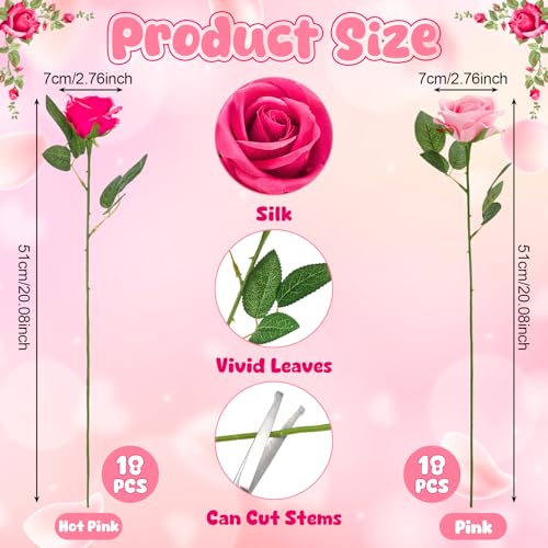 36 Pcs Pink, Hot Pink Artificial Roses with Long Stems, Fake Silk Rose Artificial Flowers Bulk for Bridal Wedding Bouquet Centerpiece Ball Arrangement Party Decor - color: Pink,hot Pink