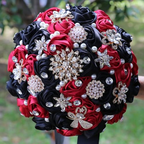 Bridal Wedding Bouquet Handmade with Luxury Gold Brooch Rhinestone Pearl for Bride Bridesmaid Quinceanera Satin Rose Flower Bouquet Wedding Burgundy and Black 8.7in - color: Burgundy & Black, size: Large (DIA. 8.7"/22cm)