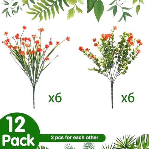 WILLBOND 12 Bundles Artificial Flowers Outdoor, UV Resistant Faux Artificial Plants Shrubs Plastic Flower Bulk for Hanging Planter Porch Window Home Spring Summer Decor(Orange) - color: Orange