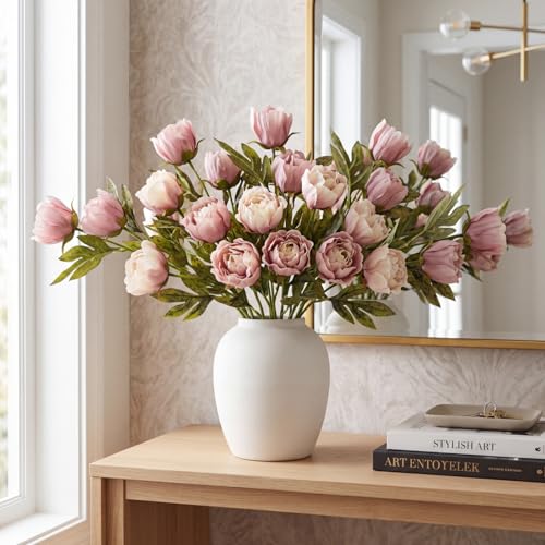 Yinder 12 Pcs 27.5'' Artificial Peony Long Stem Flowers Bulk Vintage Fake Silk Peonies Stems Real Look Faux Peonies Branches for Vase Filler DIY Bouquet Centerpiece Arrangement Home Decor (Brownish) - color: Brownish