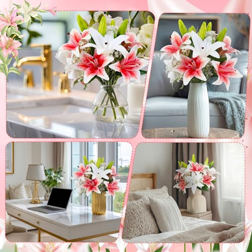 Janinka 12pcs Artificial Lily Flowers 12 Heads White and Pink Faux Tiger Lilies Flowers with Fake Baby Breath Artificial Gypsophila for Spring Home Church Wedding Decoration