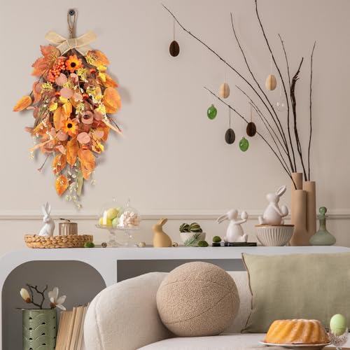 2 Pcs 24" Artificia Fall Teardrop Swag Autumn Harvest Sunflowers Pumpkins Leaves Berries Door Swag Hanging Flower Wreath for Thanksgiving Fall Front Door Window Wall Decor - color: Fall Swags-1