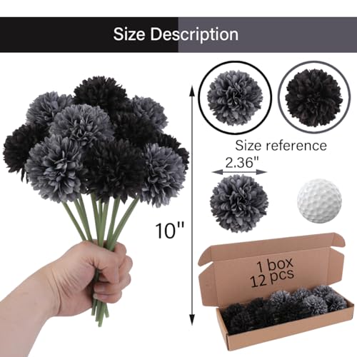 12Pcs black gray Chrysanthemums Artificial Flowers Fake Silk Ball Flowers Mums Bouquets Arrangements Wedding Party Decor St Patricks Day Home Garden Table Centerpieces DIY Floral (Black＆Gray，12pcs） - color: Black＆gray，12pcs