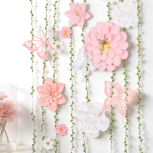 PAPER JAZZ Paper Flowers Wall Decor Gaint Flower Backdrop for Floral Theme Classroom Decoration with Butterfly and Vines Pink and White Wall Art for Bulletin Board Spring Party Garden Party - color: White