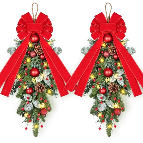 2 PCS 24" Artificial Christmas Teardrop Swag Norfolk Pine Teardrop Door Swag Xmas Cedar Swags Wreath with Berry Pinecone for Front Door Winter Cabinet Mantle Fireplace Wall Indoor Outdoor Home Decor - color: Xmas Red Ball