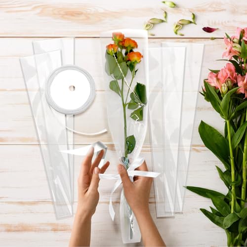 Bayurht 101 Pcs Single Rose Sleeve with Floral Water Tubes 50 Sets Single Flower Packaging Bags Single Flower Sleeve with Ribbons and Floral Water Tubes for Christmas Bouquets Wrapping (Transparent) - color: Transparent