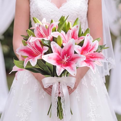 12 Bundles Pink Lily Artificial Flower with 12 Head Full Bloom Lily & 24 Bud Rhinestone Fake Permanent Flower Wedding Party Decor Home Hotel Bouquet Centerpiece Floral Arrangement - color: Pink, style: Rhinestone Lily
