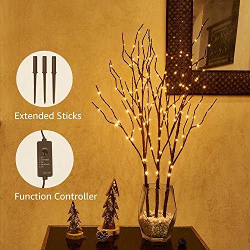 Hairui Lighted Twig Brown Branch with Fairy Lights 32in 150 LED Plug in Lighted Willow Branch for Christmas Wedding Party Decoration 2 Sets (Vase Excluded) - style: Brown+Warm White 2set