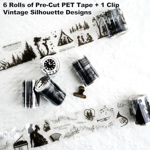 Vintage Silhouette PET Tape Set with Clip, Pre-Cut Shadow Collage Rolls for Scrapbook Journal Planner Water Bottle Phone Case Notebook Décor - color: Shimmer Silhouette