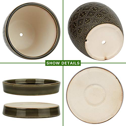Docrin Dark Green Ceramic Planter Set - 6.6"+5.5" Indoor Outdoor Pots with Drainage Holes & Saucers for Home Office Decor - color: Dark Green