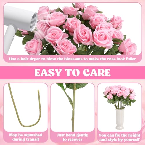 36 Pcs Silk Pink Roses Bouquet Bridal Artificial Flowers Mothers Day,Fake Rose Long Stem Realistic Artificial Flowers Bulk for Wedding Bouquet Ball Arrangement Centerpiece Party Decor - color: Pink