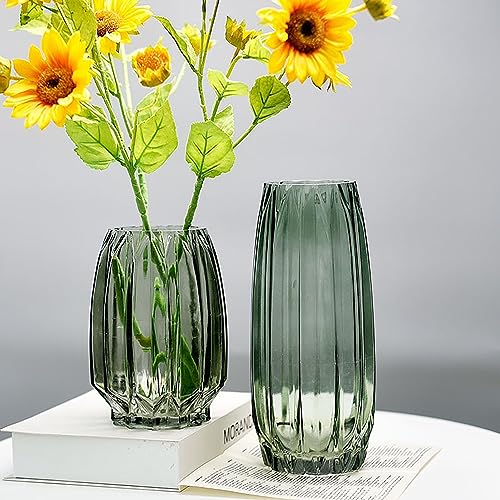Lucky Bird Green Glass Vase Modern Ribbed for Flowers, Candles, and Decorative Accents - Tall/Short Glass Vase for Centerpieces Home Table Decor(Green H8.0inch) - color: Green, size: H-7.87inch