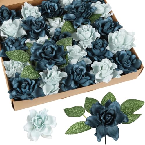 IPOPU 25PCS Artificial Gardenia Flowers 3.15’’ Dusty Blue Shades Fake Flower Heads Foam Roses with Stems for DIY Wedding Bouquets Party Home Centerpieces Decor(Dusty Blue Shades) - color: Dusty Blue Shades