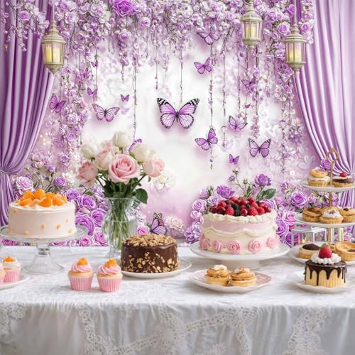 5X3ft Purple Butterfly Floral Backdrop for Photography Butterfly Flowers Theme Girls Party Decorations Background Wedding Baby Shower Tea Birthday Party Cake Table Decor Photo Booth Props - color: Multi2, size: 5x3ft