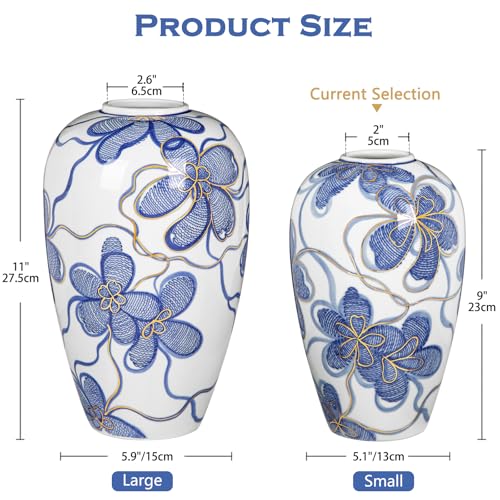 Blue and White Ceramic Vase for Home Decor – Hand-Painted Porcelain Flower Vase with Gold Accents – Chinoiserie-Inspired Home Decor Vases – 9" for Table, Shelf, or Mantel - size: 9"