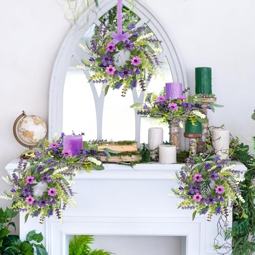 6 Pcs Mini Lavender Hanging Wreaths for Cabinets Purple Daisy Candle Rings Pillar Holder Small Wreath Wild Flower Spring Summer Floral Wreaths for Farmhouse Porch Front Door Window Decor - color: Purple Lavender