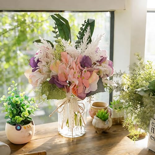 LUEUR Fake Flowers with Vase, Artificial Pink & Purple Hydrangea Arrangement, Spring Floral Centerpiece for Dining Table, Coffee Table & Farmhouse Home Decor Srping Decoration - color: Purple & Green