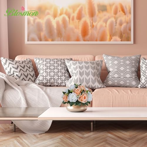 BLOSMON Flower Balls for Wedding Centerpieces: 10pcs 9.5 Inch Fake Rose | Peach Fuzz Kissing Balls Floral Arrangement for Table - Artificial Silk Bouquet with Base for Home Party DIY Decoration - color: Peach Fuzz & White