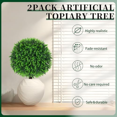 2Pcs Artificial Topiary Ball Trees for Outdoor 16" UV Resistant | Artificial Shrubs With Ground Spike,Faux Plants, Fake Evergreen Bushes for Indoor Front Porch Garden Decor - color: Eucalyptus