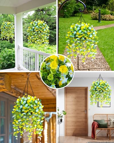 2 Pack Artificial Hanging Flowers Basket Set, Cascading Morning Glory | UV Resistant Artificial hanging flowers for porch,Patio,Garden,outdoor decorations,24 stems, 10in baskets and no watering - color: 2 Pack Baskets/Blue Green Yellow