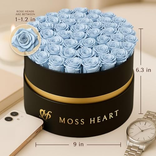 50 Petite Preserved Roses, Designer Round Box, Real Forever Roses Last 1+ Year, Premium Gift for Women, Wife, Girlfriend, Mother’s Day, Birthday, Anniversary, Valentine’s Day - color: Light Blue, size: 50 Roses