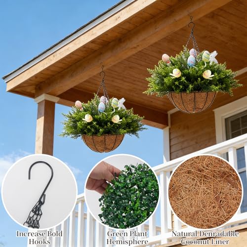 Artificial Easter Hanging Basket - 24 Cedar Branches, 12 Decorative Eggs & 2 Bunny - Easter Porch Decor for Patio, Home, Spring Outdoor/Indoor Hanging Planter 22-Inch 2PCS