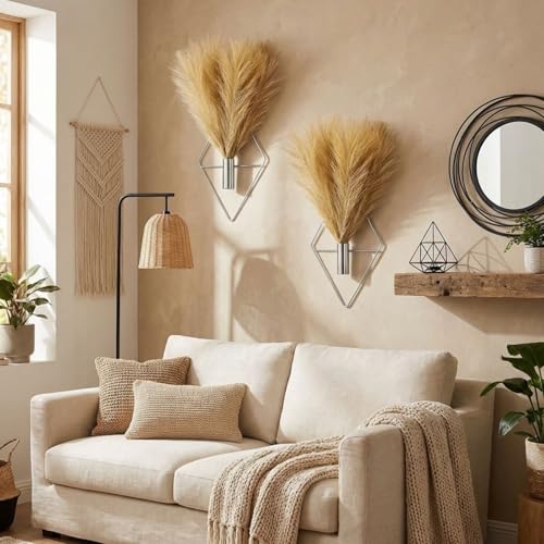 Canlierr 2 Pieces Boho Wall Decor Hanging Planters with Artificial Plants Metal Hanging Vase Indoor Plants Holder Modern Wall Art for Bathroom Bedroom Living Room Decor, Silver, Pampas Grass - color: Silver, size: Pampas Grass