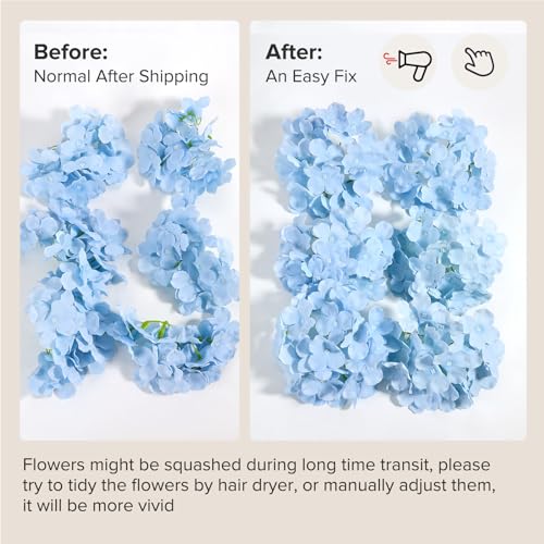 Auihiay 64Pcs Hydrangea Artificial Flowers Bulk, Faux Hydrangea Flowers Heads with Stems for Engagement Baby Shower Wedding Arch Birthday Anniversary Bridal Shower(Mixed Color) - color: White, Blue & Pink