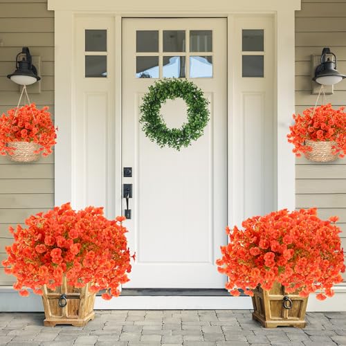 Artificial Flowers for Outdoors 12 Bundles Realistic Faux Plants UV Resistant Fake Silk Morning Glory with Eucalyptus for Front Door Planter Patio Porch Fall Thanksgiving Autumn Decoration (Orange) - color: Orange