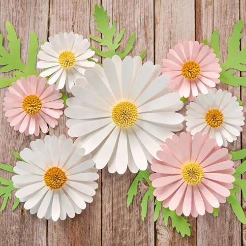 SUNBEAUTY Paper Flowers Decorations for Wall Giant Daisy Flowers Bulletin Board Decoration 3D Floral Tissue Paper Flowers Hanging for Classroom Wedding Baby Shower Tea Party Backdrop (Pink, White) - color: Pink White Daisy Paper Flowers
