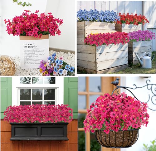 Bassion 24 Bundles Artificial Flowers for Outdoors Decoration, UV Resistant Fuchsia Silk Fake Faux Flowers Artificial Plants for Outside Window Box Porch Garden Home Decor - color: Fuchsia