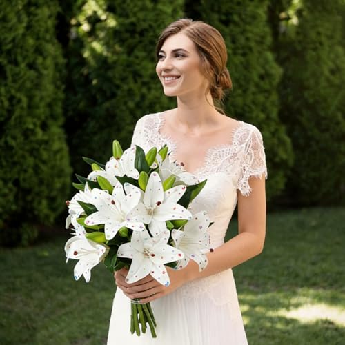 12 Bundles Lily Artificial Flower with 12 Head Full Bloom Lily & 24 Bud White Rhinestone Fake Flower Wedding Bridal Party Decor Home Hotel Bouquet Centerpiece Floral Arrangement - color: White, style: Rhinestone Lily