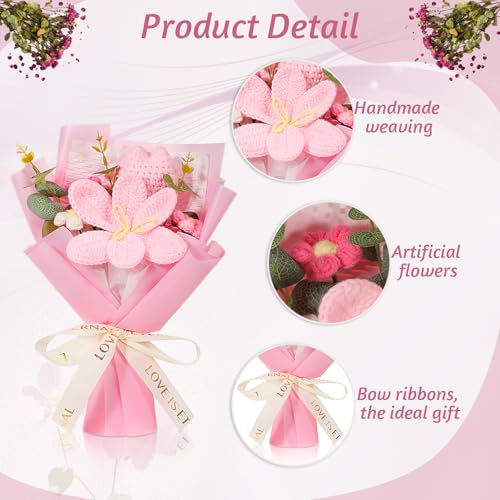 Crochet Flowers Bouquet Handmade Crochet Flowers Completed Crochet-Tulip-Flowers for Wedding Anniversary Birthday Graduation Gifts Birthday Home Decor, Pink