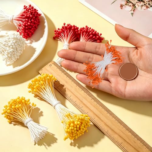 PATIKIL 3mm Double Heads Flower Stamen, 150 Pcs Artificial Flower Stamen Pistil Matt Pearl Floral Stamen for DIY Christmas Card Wedding Decoration, Orange - color: Orange
