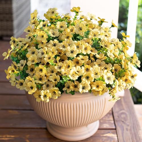 HyeFlora Artificial Fall Flowers Faux Mums for Outdoor Indoor Garden Home Decoration, Faux Flower Daisy with Eucalyptus Leaves Fake Plants Greenery Boxwood Porch Patio, 12 Bundles (Yellow) - color: Yellow